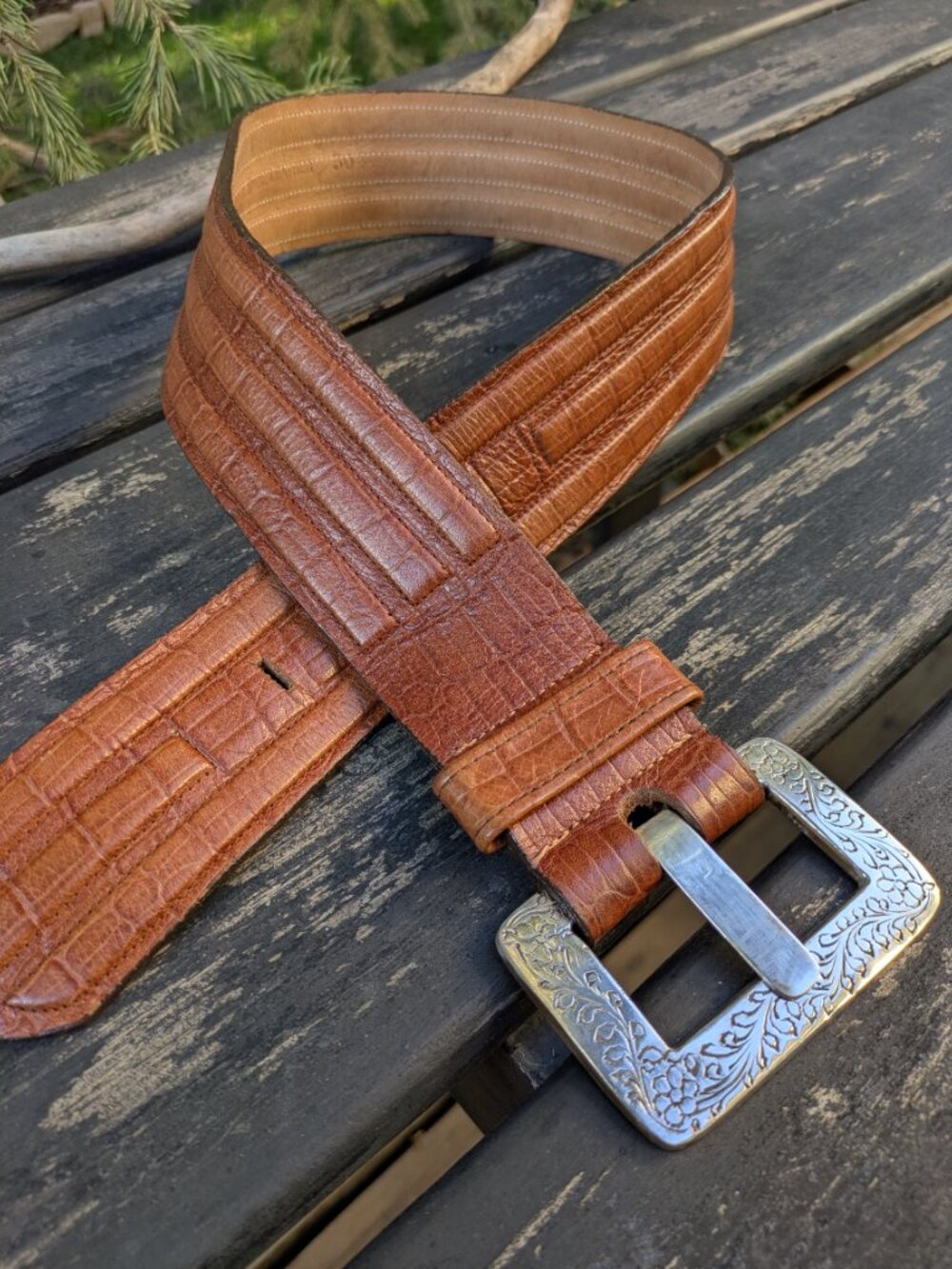 Vintage Jenny & the Boys Cognac Croc Leather Belt Size S 30 Silver Buckle